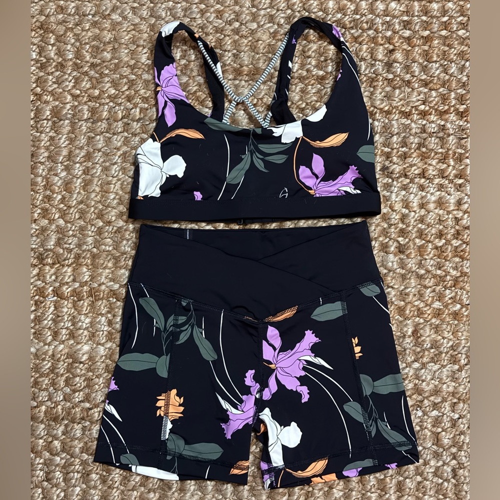 Body Glove Black Floral Athletic Shorts Set with Purple & White Accents